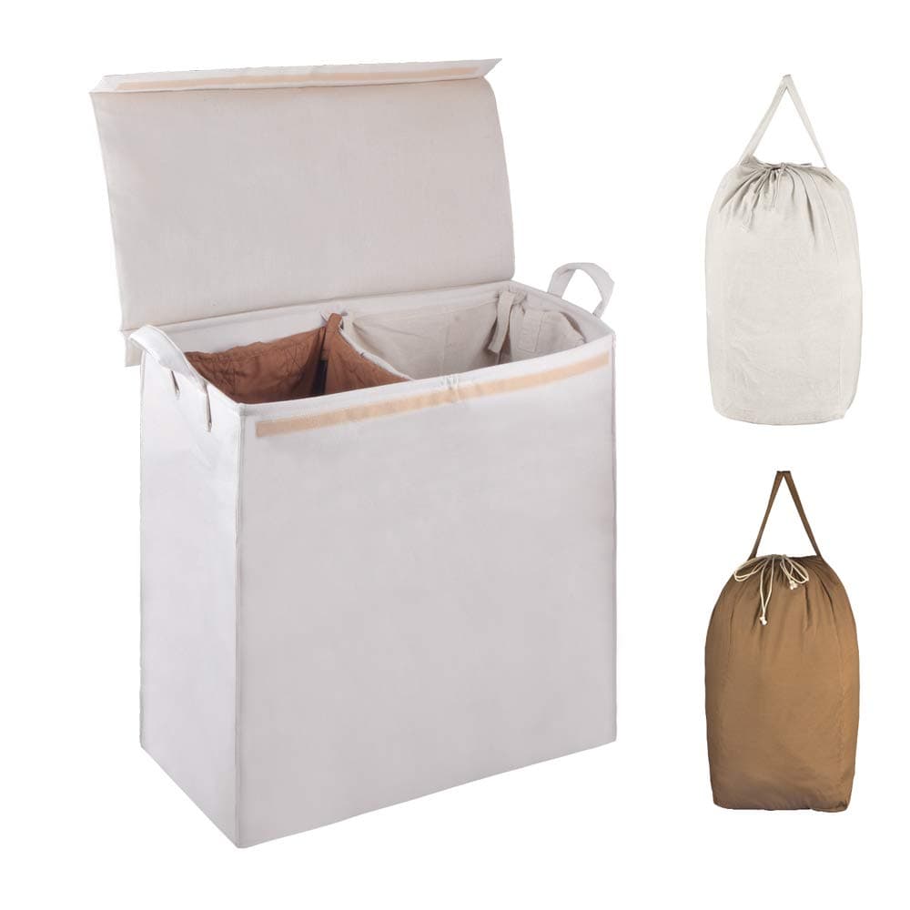 MCleanPin Foldable Double Laundry Hamper with 2 Sorting Liners,2 Section Laundry Sorter with Lid,Removeable Laundry Bags with Drawstring Closure and Handles,Clothes Hamper for College,Dorm Room.Beige