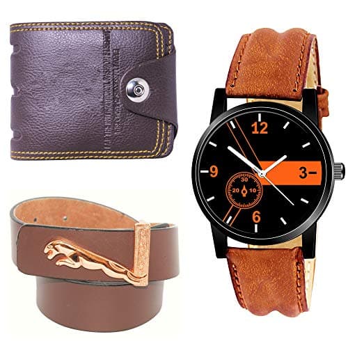 Xforia 3 Pcs Combo of Multicolor RFID Blocking Leather Wallet, Analog Watch & Belt for Man's XF_WBW_332