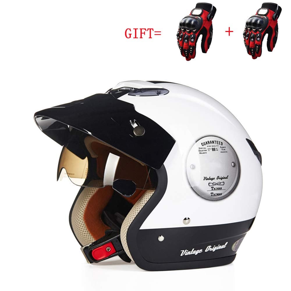 Bicycle Motorcycle Helmet, DOT Certification/Vintage Harley Half Helmet & Protective Gloves (White),L