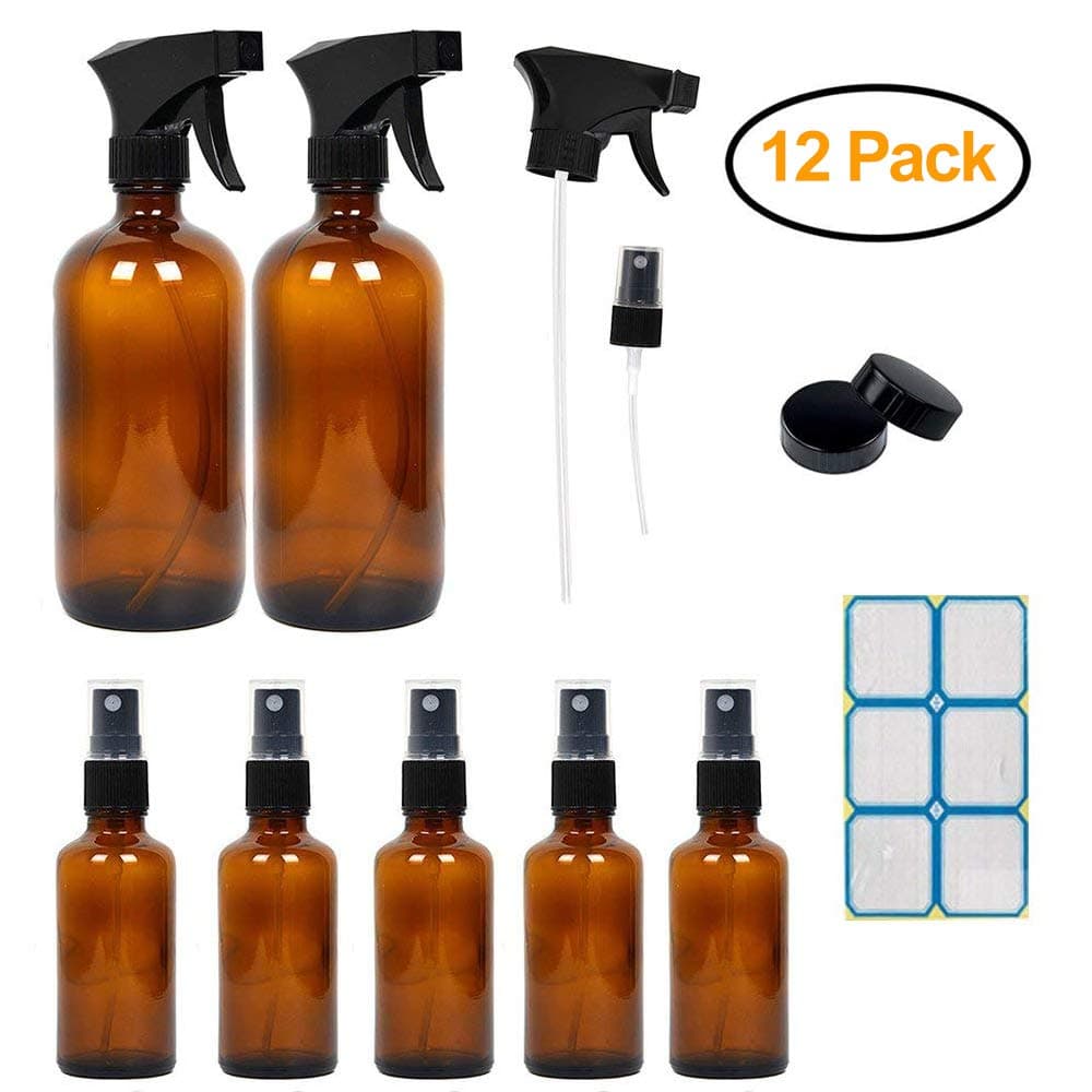 Amber Glass Spray Bottles for Essential Oils, Empty Mist Spray Bottle Set for Cleaning Products, or Aromatherapy (16OZ x 2, 2OZ x 5)