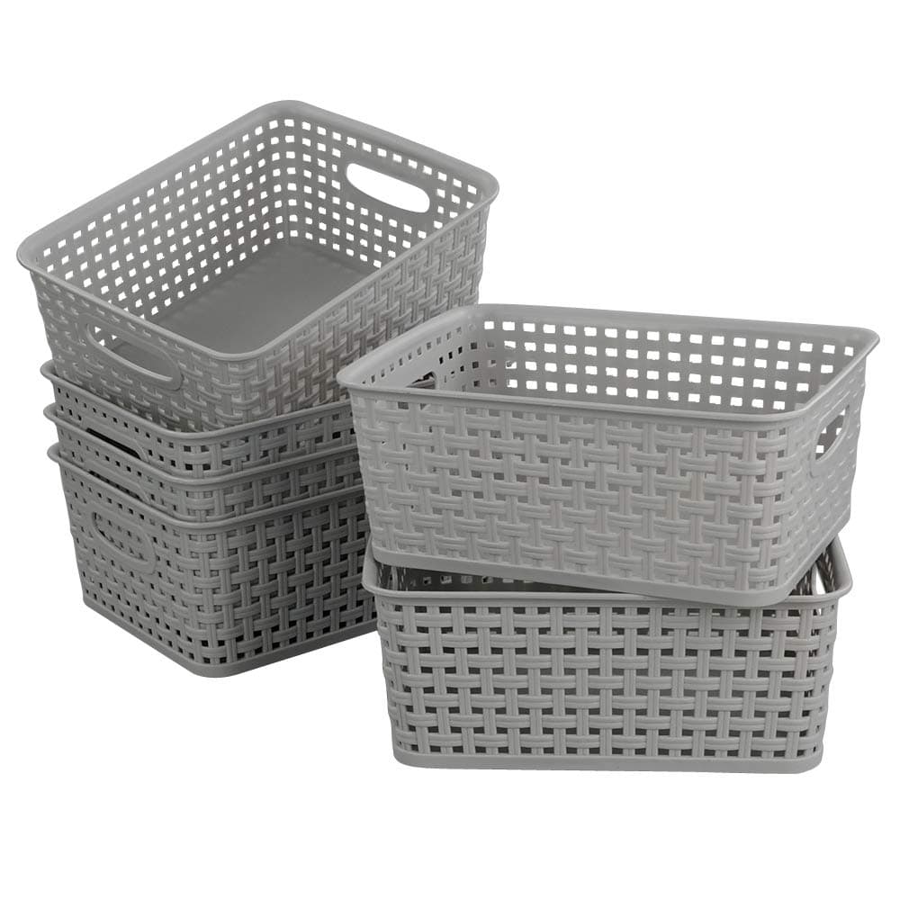 6-Pack Plastic Storage Organizer Basket, 10.04"L x 7.48"W x 3.95"H, Slightly Gray