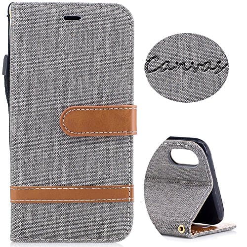 Wallet Leather Case for iPhone X, Denim Canvas Case with Card Slots & Kickstand & Wrist Strap, 360 Full Body Protective Embedded Magnetic Flip Folio Cover for iPhone X Edition /iPhone 10 (5.8) - Grey