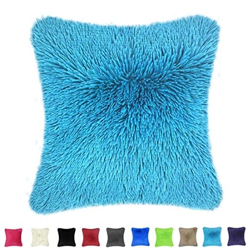 Throw it Super Fluffy Soft Cozy Silky Hand Feeling Fuzzy Plush Faux Fur Square Throw Pillow Case Shaggy Cover 18"x 18", Sky/ Aqua Blue