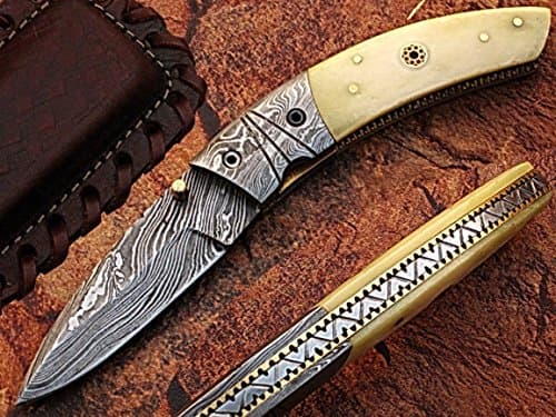Prime Quality Custom Made Damascus Steel Camel Bone Handle Folding Pocket Knife W/Case