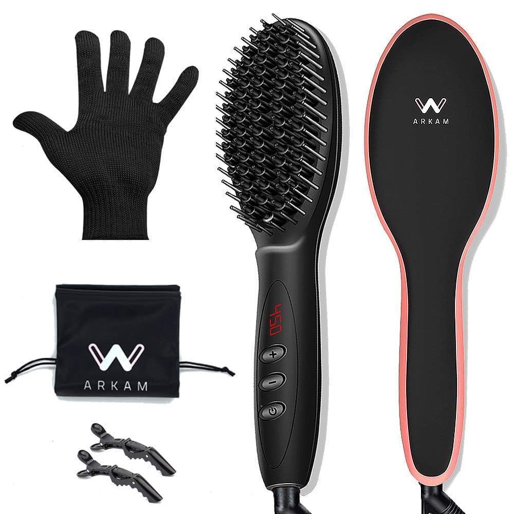 Arkam Ionic Hair Straightener Brush - Dual Ceramic Heating, LED Display, Variable Temperature Settings, Anti-Scald Hair Straightening Brush, Portable 2 in 1 Hair Brush Straightener Silky Smooth Hair