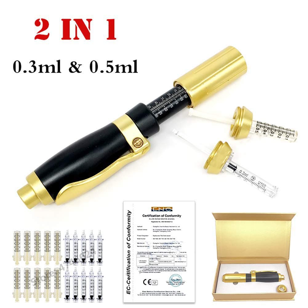 WHY 2 in 1 Hyaluron Injection Pen Two Head 0.3Ml &0.5Ml High Pressure Acid Guns Beauty Tools with 10 Ampoule Head for Anti Wrinkle Lip Lifting