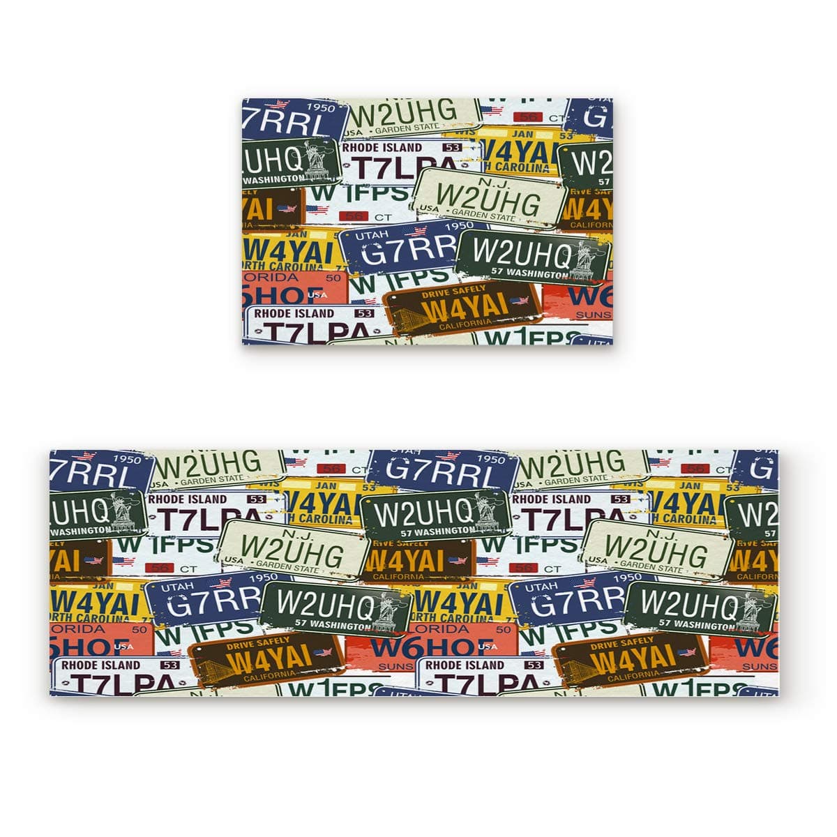 Aomike 2 Piece Non-Slip Kitchen Mat Rubber Backing Doormat Vintage License Plate Number Runner Rug Set Hallway Living Room Balcony Bathroom Carpet Sets (15.7" x 23.6"+15.7" x 47.2")