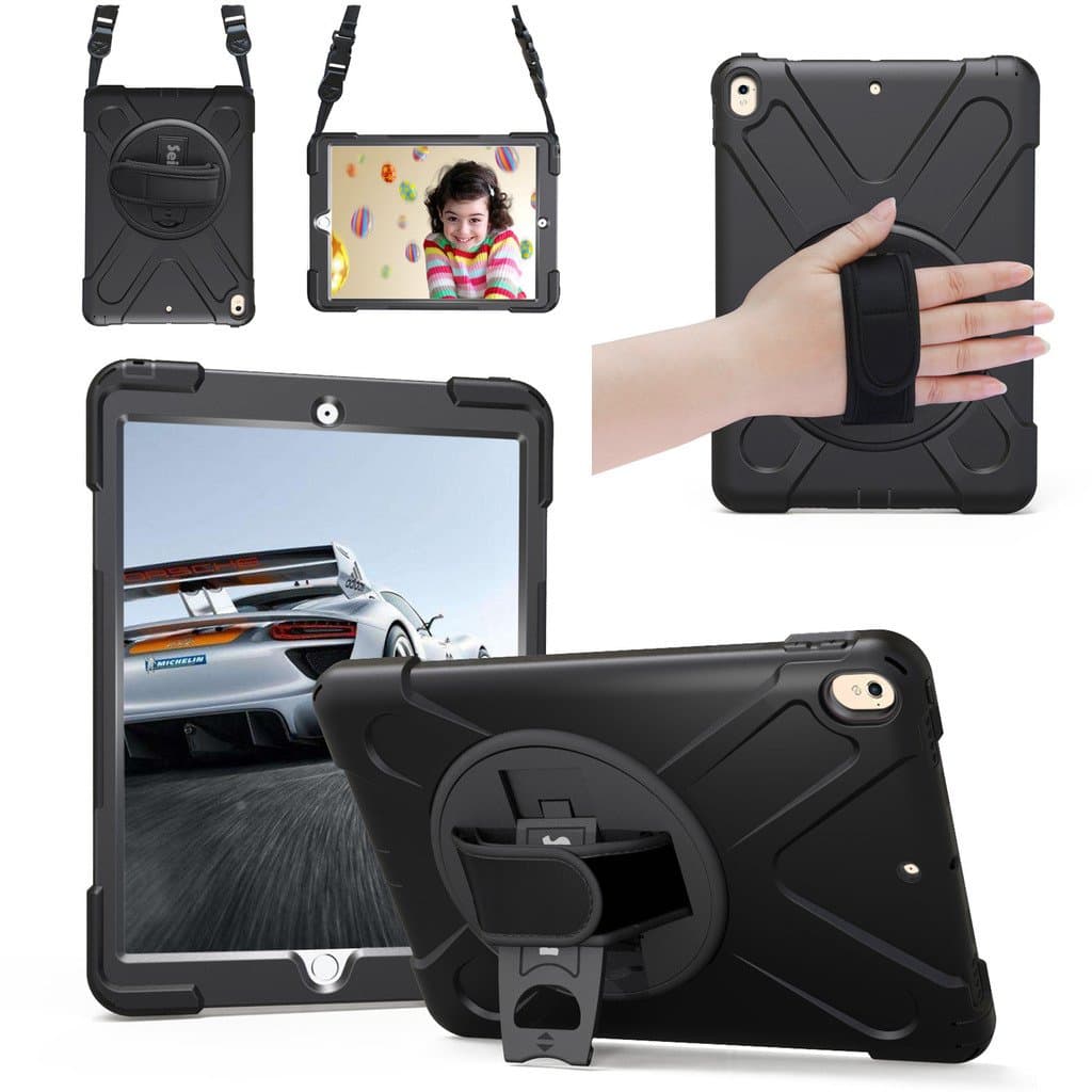 iPad Pro 10.5 Case, Seiorca 360 Degree Rotating Kickstand Heavy Duty Protective Case Cover for Apple iPad Pro 10.5 inch 2017 with Hand/Shoulder Strap & Screen Protector Glass(Black)