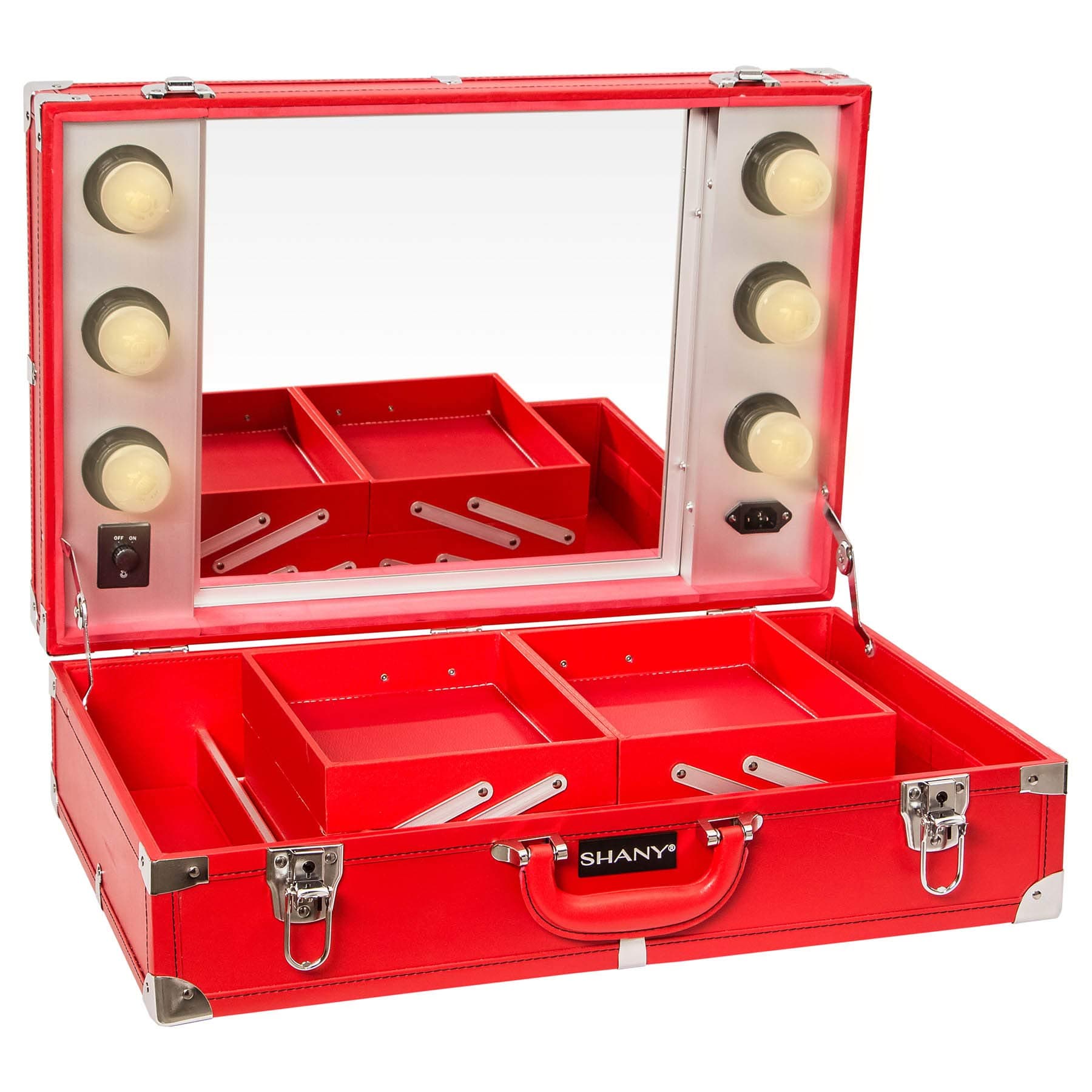 SHANY Studio To Go Tabletop Mirror Makeup Station - Makeup Case with Dimmable LED Lights Included and Carrying Handle - RED