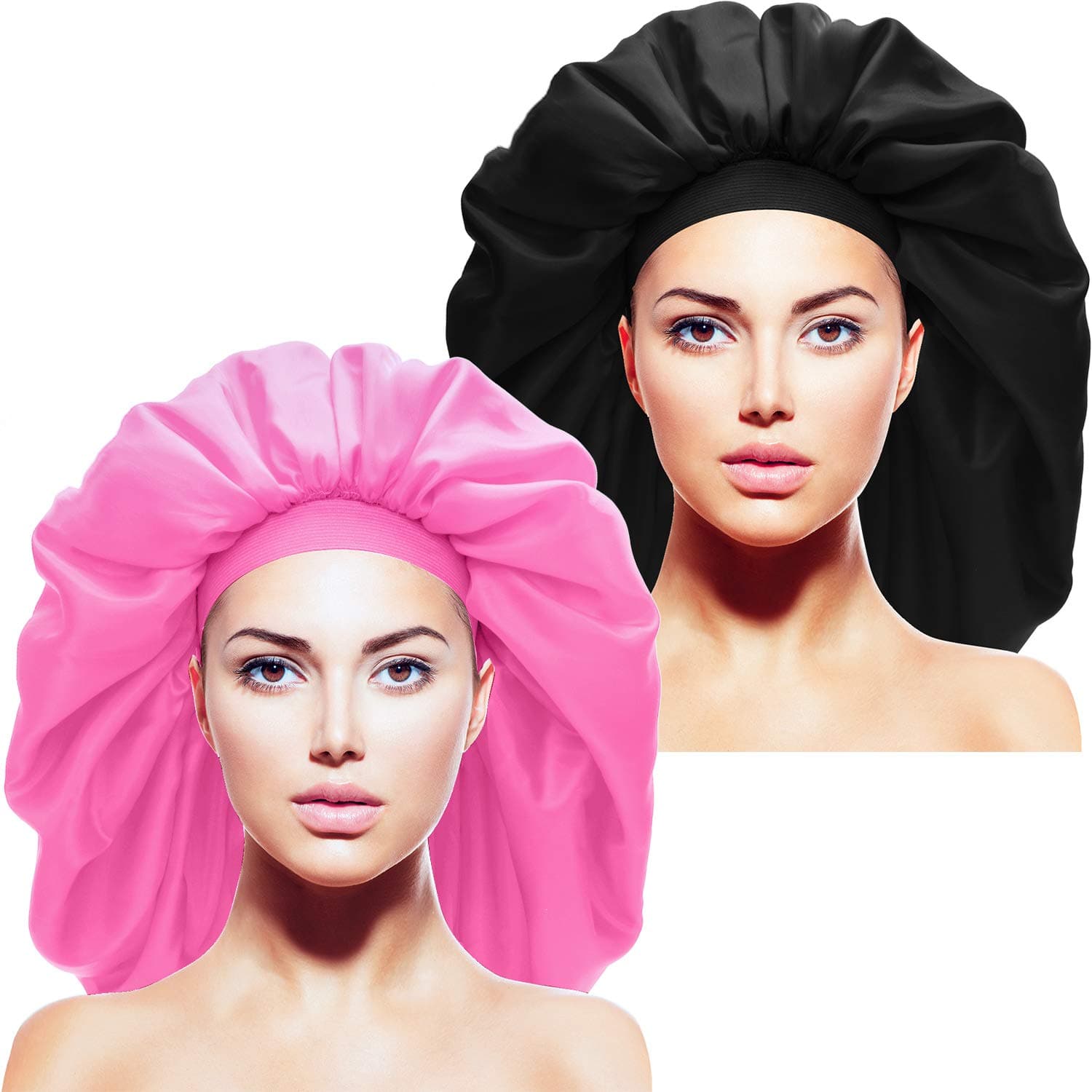2 Pieces Extra Large Sleep Cap Jumbo Cap Large Satin Bonnet with Comfort Elastic Band (Black and Pink)