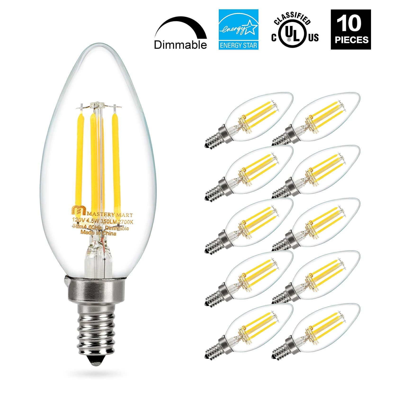 Mastery Mart Dimmable LED Candelabra Bulb, 4.5W (Equivalent to 40 Watt), 2700K Soft White, Chandelier LED Filament Light, E12 Base, B11 Decorative Edison Candle Lamp, Pack of 10