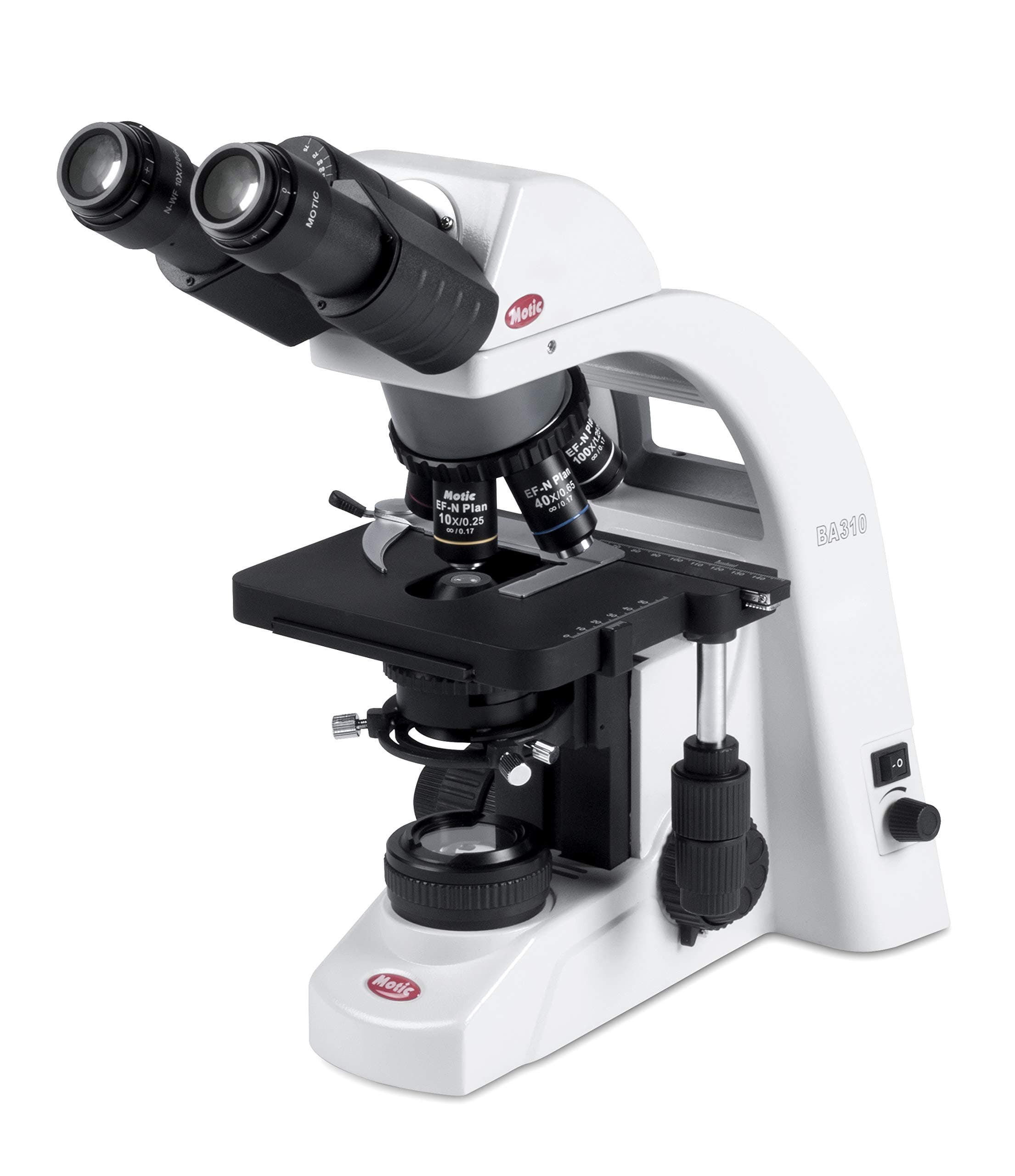 Motic BA310E LED Binocular Compound Microscope | 3W LED Lighting (6000K Color), 40X-1000X Magnification, Quintuple Nosepiece, EC Plan Achromatic Objectives, Rackless Stage | for Research Use