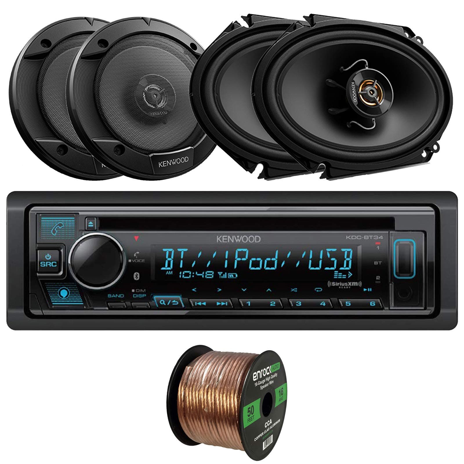 Kenwood Single-DIN in-Dash CD Player Bluetooth Stereo Receiver Bundle Combo with 2 x 6.5 2-Way Car Audio Speakers, 2 x 6x8 500W 2-Way Audio Coaxial Speakers, 16 Gauge Speaker Wire