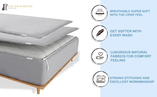 Zip On Sheets™ Zipper Fitted Sheet Twin Size - Upto 16” Inch Deep Pockets - Includes 1 Fitted Sheet Base & 2 Zip-On Sheets - Easy to Use, Sateen Cotton 500 TC Fitted Sheet - Blush