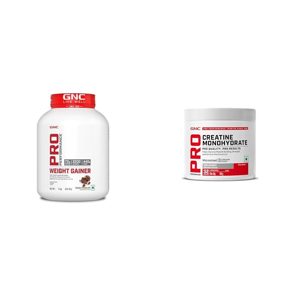 - Pro Performance Weight Gainer (Double Chocolate, 3 KG)| 73g Protein | 440g Carbs | 2200 Cal & GNC Pro Performance Creatine Monohydrate, (Unflavoured, 100 grams Powder) COMBO