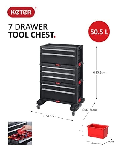 Keter 7 Drawer Trolley Module - Workshop Trolley for Small and Large Tools - Removable Swivel Wheels with Brakes, 3 Removable Boxes - Locking - 60 x 37.8 x 74.2 cm - Black