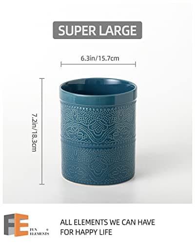 Fun Elements Kitchen Utensil Holder, 7.2" Super Large Utensil Crock Heavy and Stable Lace Emboss Ceramic Utensil Holder for Kitchen Counter (Grayish Blue)