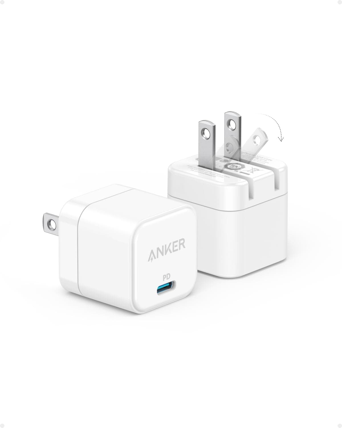 Anker USB C Charger with Foldable Plug, 20W USB C Charger Block for iPhone 17/16 /15 and More Series, Galaxy, Pixel, iPad (2, Pack Cable Not Included)