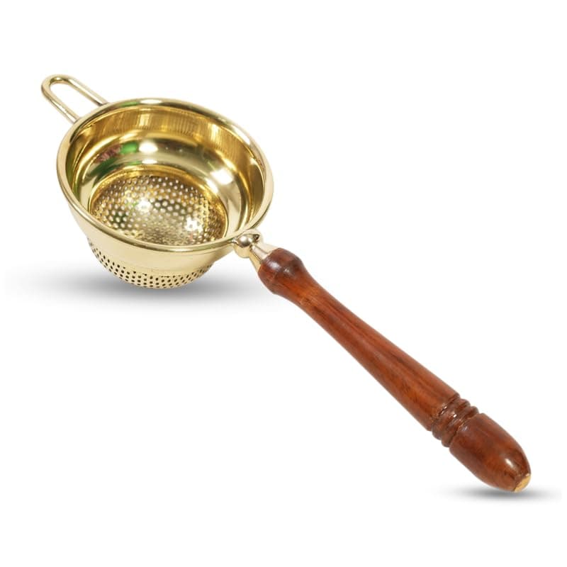 | Medium Brass Strainer | Ideal for 2 Cups |Easy to Use | Perfect for Tea and Coffee with Long Handle for Firm Grip and Easy Straining. (Medium Wooden Handle Strainer)