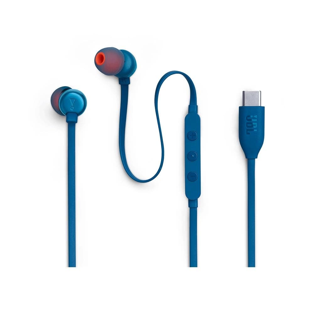 Tune 310 C Hi-Res Wired Earbuds with Microphone, Flat Tangle-Free Cable, 3-Button Remote, EQ Presets Control and Volume Adjustment, Blue