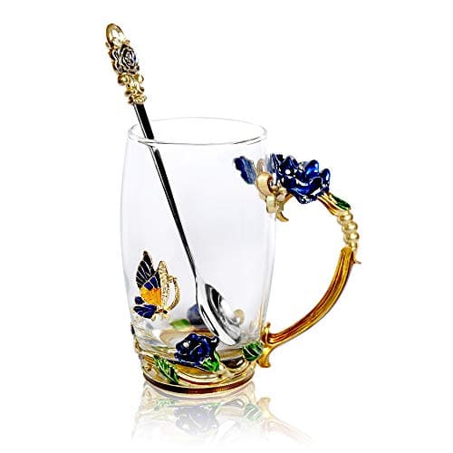 POSTWAVE Tea Cup Coffee Mug Cups Clear Glass & Spoon Handmade blue rose Flower for Birthday Wedding Anniversary Valentine's Day Mom Wife Gift Cup