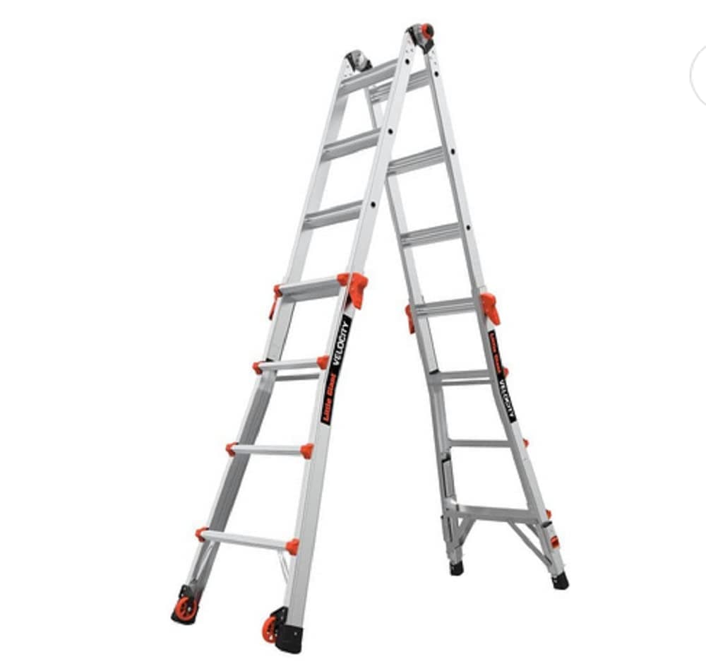 Little Giant Ladders Velocity 17-Ft Folding Multi-Position Ladder, Aluminum, 300 lb Load Capacity, Type 1A Extra Heavy Duty, 18-Ft Reach, with Ratchet Levelers and Wheels (15417-801)