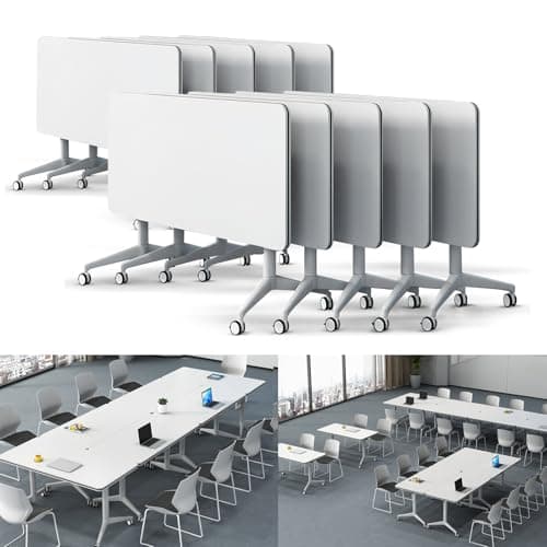 Folding Conference Table Modern Large Mobile Meeting Table Rolling Conference Room Tables with Wheels Seminar Tables for Office Training Classroom (10, White, 63" D X 19.7" W X 29.5" H)