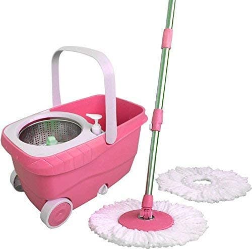 JVM Gold Spin Mop with Bigger Wheels & Auto Fold Handle for 360 Degree Cleaning, 2 refills and 1 liquid dispense (Pink)