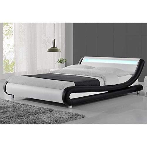 Modern Leather Upholstered Queen Platform Bed with Multi-Color LED Lights in Black/White
