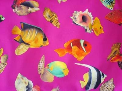 Polyester Fabric - Cerise Tropical Fish Design - New off the roll - per metre