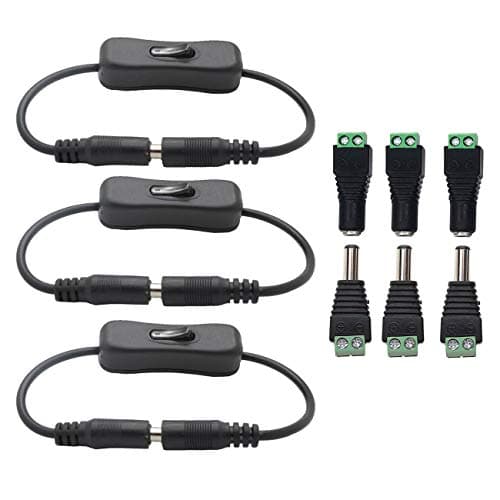 TronicsPros 3pcs DC 12V Switch Cable 30cm Inline LED Strip Switch On Off + 3 Pairs of 5.5mm x 2.1mm DC Female Male Connector Plug Adapter Screw Terminal for LED Tape or Other DC 5V-24V Device