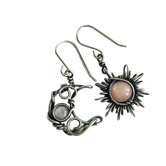 Unique Handmade Antique Boho Silver Sun & Moon Hook Earrings Celestial Charm Healing Crystal Mismatched Moonstone Earrings (1 Pair)