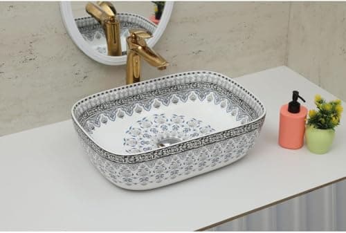 CLUSTER Designer Table Top Wash Basin For Bathroom | Ceramic Bathroom Sink | Over Counter Moroccan Design Wash Basin for Hotel, Resturent (18 x 13 x 5.5 Inch) (Moroccan Design 7)
