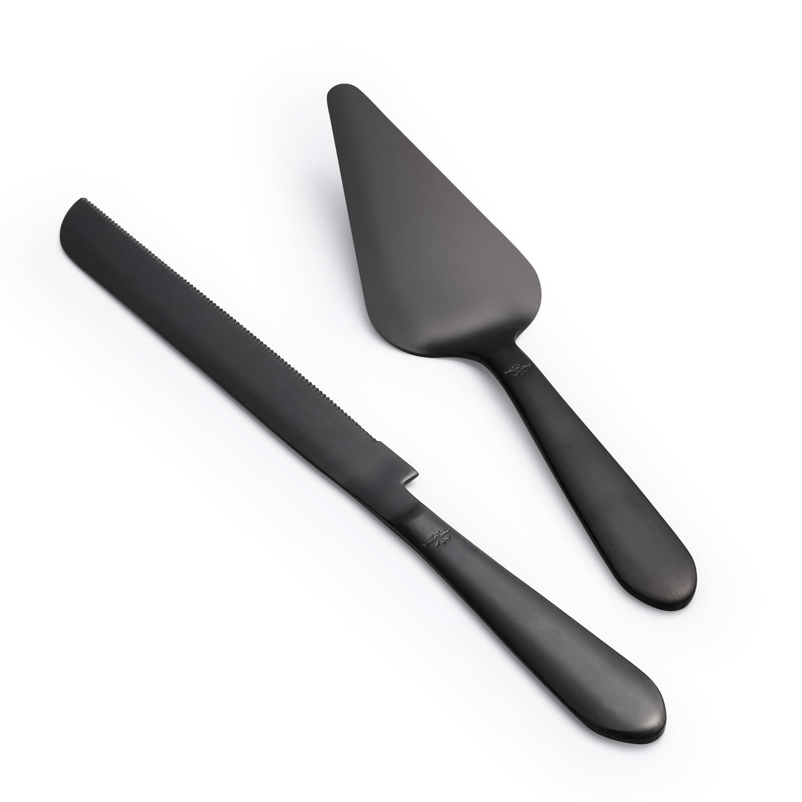 Eisinly Wedding Cake Knife and Server Set, Integral Stainless Steel Longer Cake Cutter and Wider Pie Spatula, Elegant Cake Cutting Serving Set for Party Birthday Bridal Shower Set of 2, Matte Black