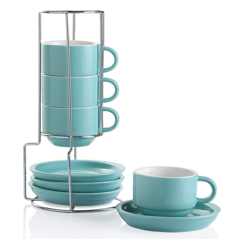 Sweejar Porcelain Espresso Cups with Saucers, 4 Ounce Stackable Cappuccino Cups with Metal Stand for Coffee Drinks, Latte, Tea - Set of 4 (Turquoise)