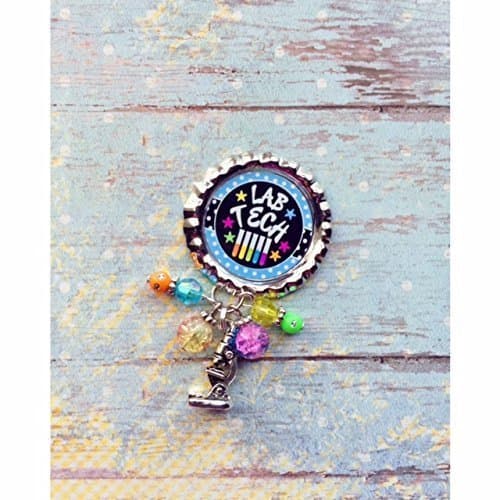 Lab Tech spring clip Badge ID holder with retractable reel with coordinating beads and microscope charm