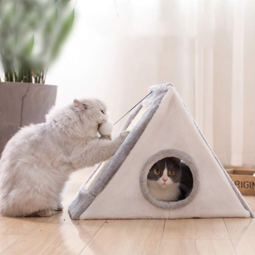 Premium Pyramid Cat Beds Cave for Large Cats, Cat Scratch Post Bed with Hoods, Fully Collapsible Cat House/Caves Condo for Cats and Puppy (Large, Grey)