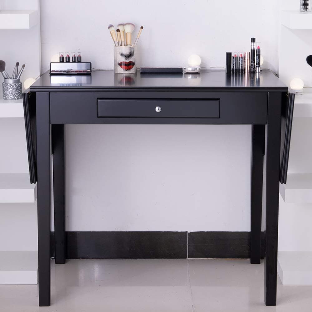 Chende Black Vanity Desk with Drop Leaf, Wooden Console Table with Drawer for Home Office Furniture, Folding Writing Desk for Entryway Foyer