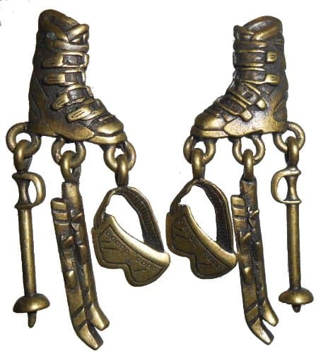 Ski Theme Artifacts Post Style Dangling Earrings 2" Long Antique Goldtone