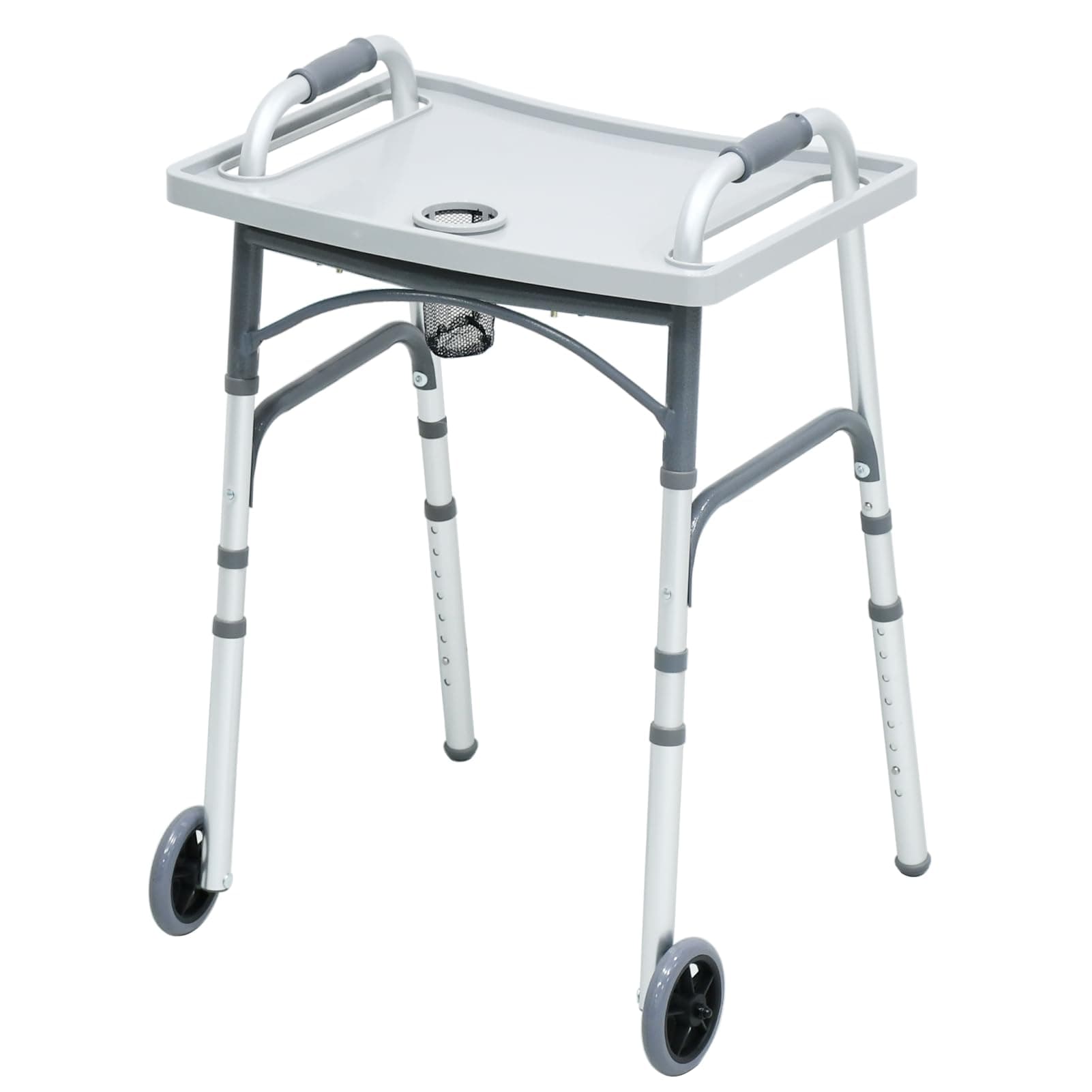 Foldable Walker with Tray,Lightweight Folding Walker with 5" Wheels Height Adjustable Aluminum Standard Walkers for Seniors up to 350 lbs