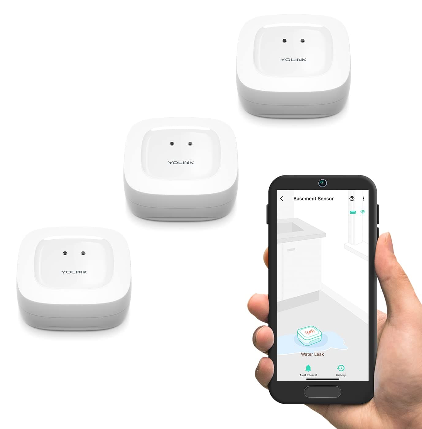 YOLINK Water Leak Sensor 3-Pack, LoRa Up to 1/4 Mile Open-Air Range Smart Water Leak & Flood Detector, SMS/Text, Email & Push Notifications, w/Alexa, IFTTT, Home Assistant - YoLink Hub Required