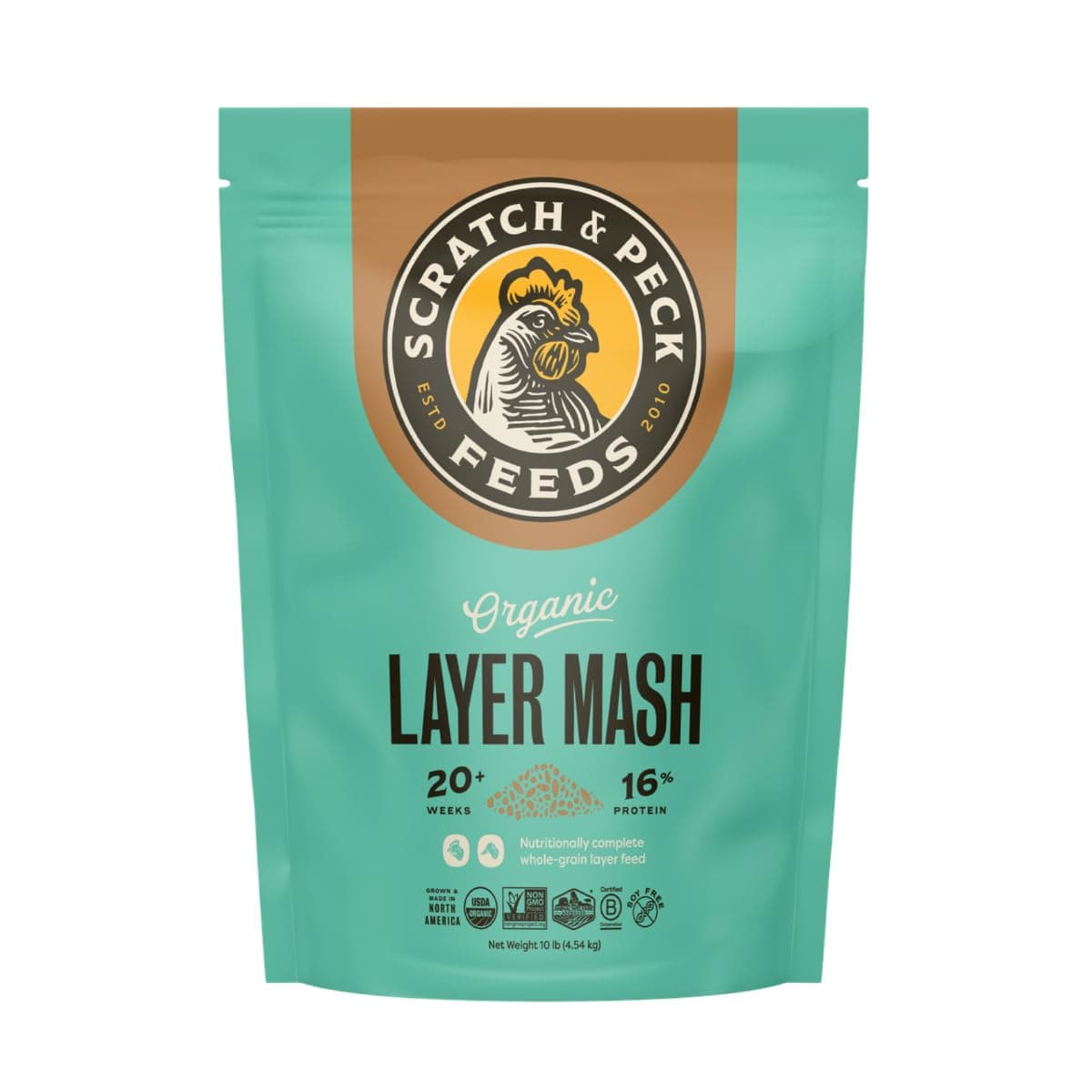 Scratch and Peck Whole Grain Layer Mash Chicken and Duck Feed - 10 lbs Bag - Corn-Free and Soy-Free - 16% Protein, Certified Organic and Non-GMO Project Verified Chicken Food