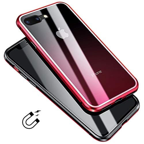 Glass iPhone 7 8 Plus Case 5.5 Inch LIGHTDESIRE Colorful Slim Bumper Magnetic Adsorption Installation Aluminum Metal with Double Screen Protector (Ombre Red)