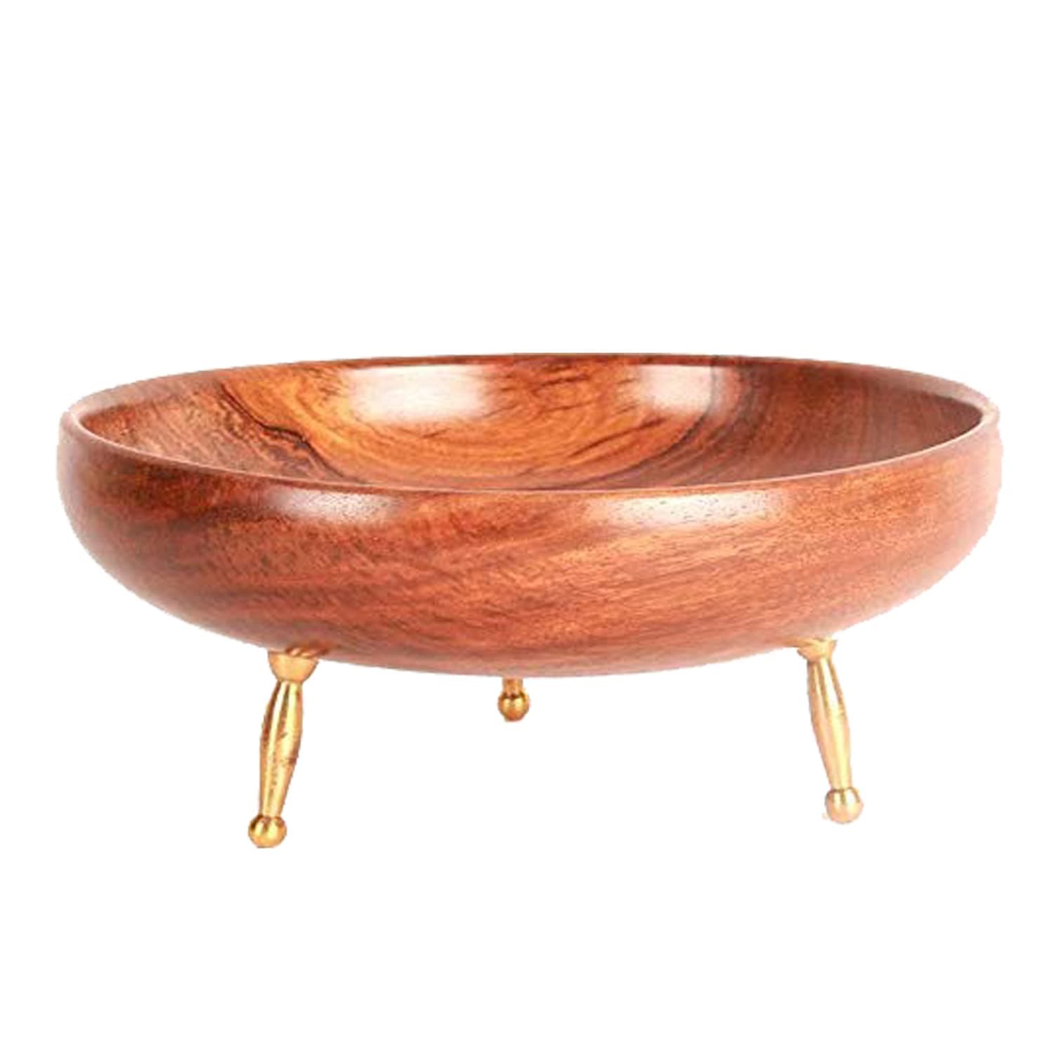 ROLLYWARE Premium Rosewood Solid Modern Decorative Bowl - Best For Home Decor And Festive Decor Natural/Sheesham Wooden Glossy Finish- Heavy Brass Legs (European Style) Pack Of 1, 300 milliliter