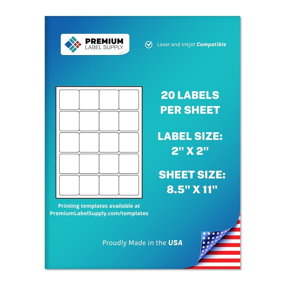 Premium Label Supply White Sticker Square Labels – 2" x 2" – Laser/Inkjet Compatible – (20 per Sheet), 25 Sheets – 500 Total Adhesive Labels
