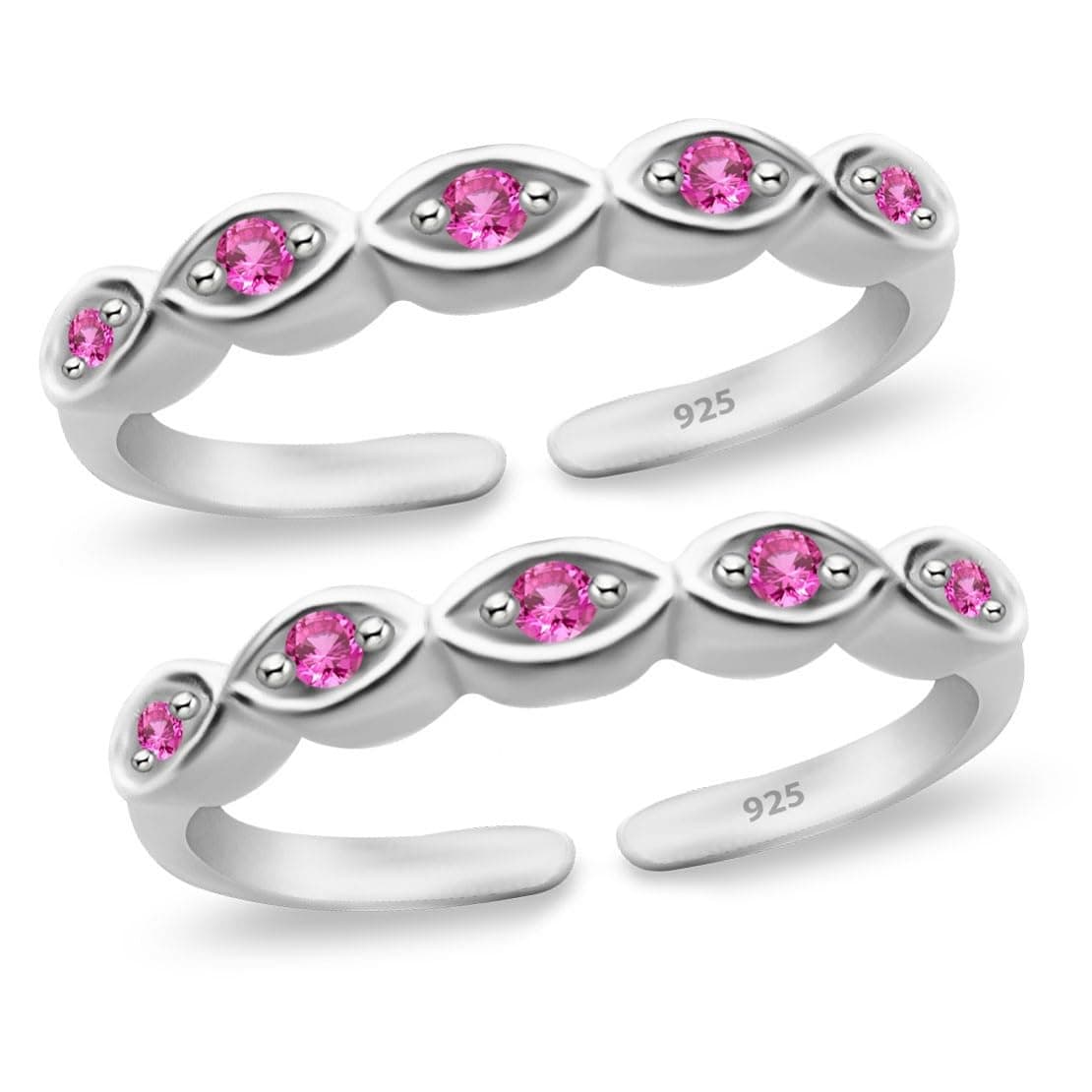 Parnika (Formerly MJ Ruby CZ Adorned Band Design Silver Toe Rings in Pure 92.5 Sterling Silver for Women