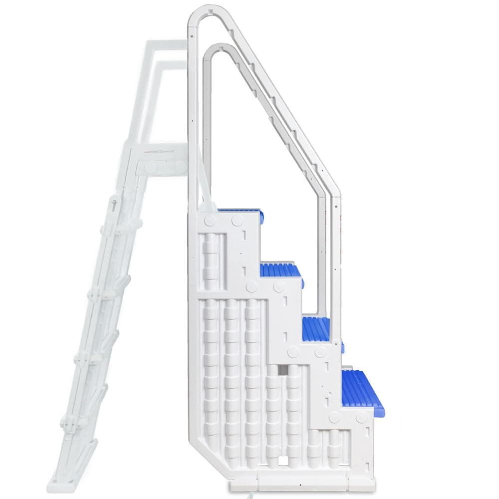Aqua Select Everest in Pool Step and Outside Flip Up Ladder System | White with Blue Steps | for Above Ground Swimming Pools | Wide Steps for Added Stability | Safety Stairs Capacity Up to 350 lbs