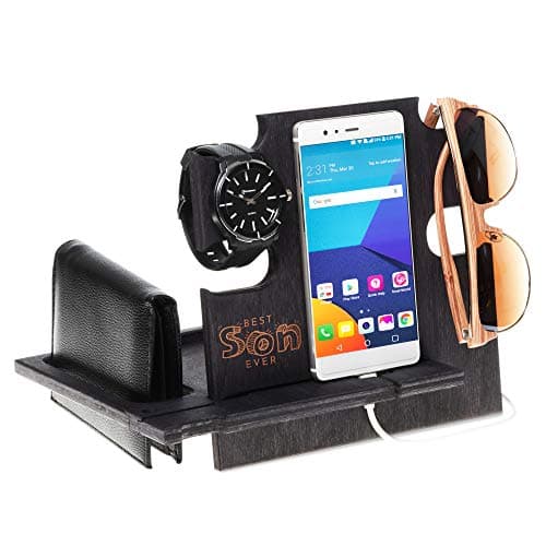 Docking Station, Gift for Son, Gift for Him, Charging Station, Gift for Men, Christmas Gift, iPhone & Android Dock, Desk Organizer, Wooden Docking Station, Docking Station Best Son (5 Ebony)