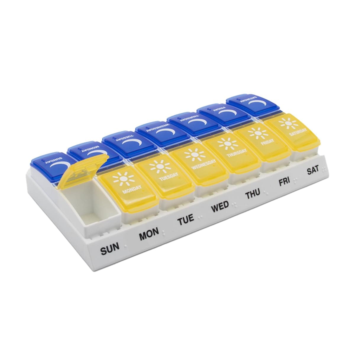 Ezy Dose Weekly (7-Day) AM/PM Pill Organizer, Vitamin and Medicine Box, Large Pop-Out Compartments, Designed for Travel, 2 Times a Day, Blue and Yellow Lids