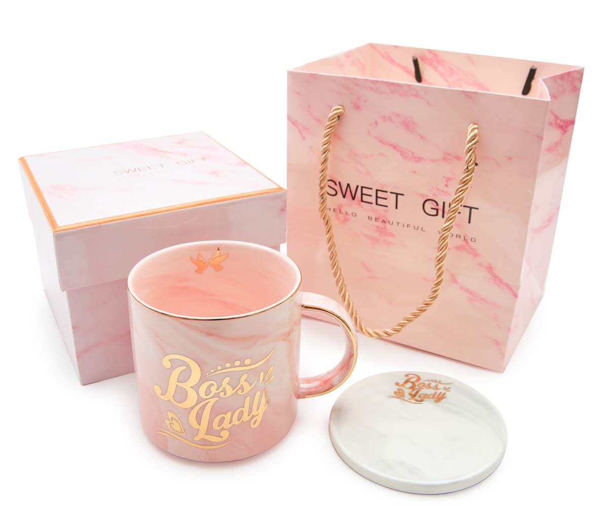 GOFOIT Boss Lady Pink Marble Ceramic Coffee Mug 11.5 Oz with Coasters Birthday Gifts for Women Mom and Girl Female Entrepreneur Business Owner Coffee Mug
